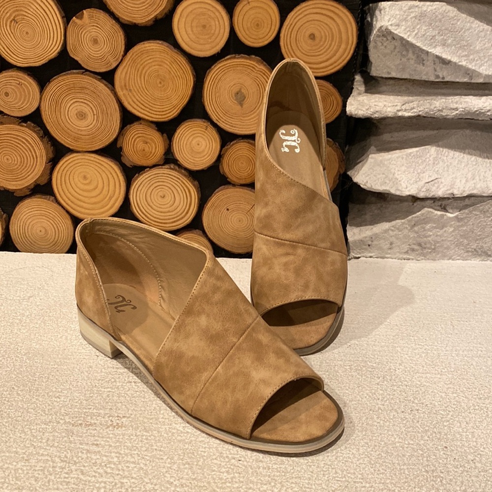 Faux suede beige peep toe flats sandals